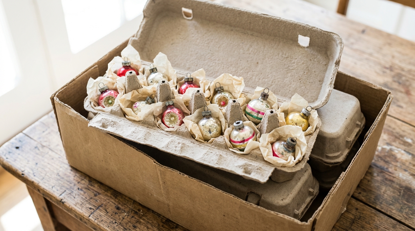 Open egg carton holding delicate vintage glass ornaments one per cup with tissue paper in a storage box