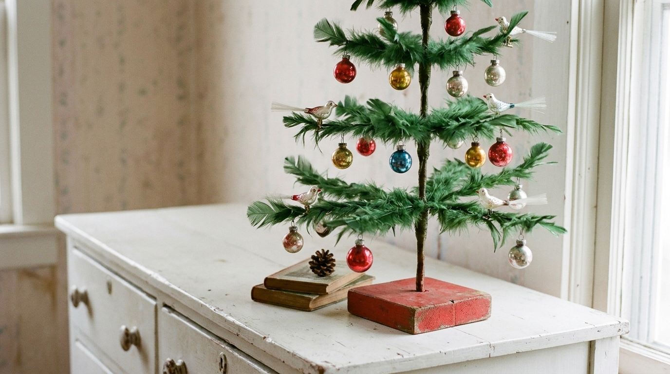 Small green feather Christmas tree in a red base decorated with tiny glass balls and glass birds on a dresser