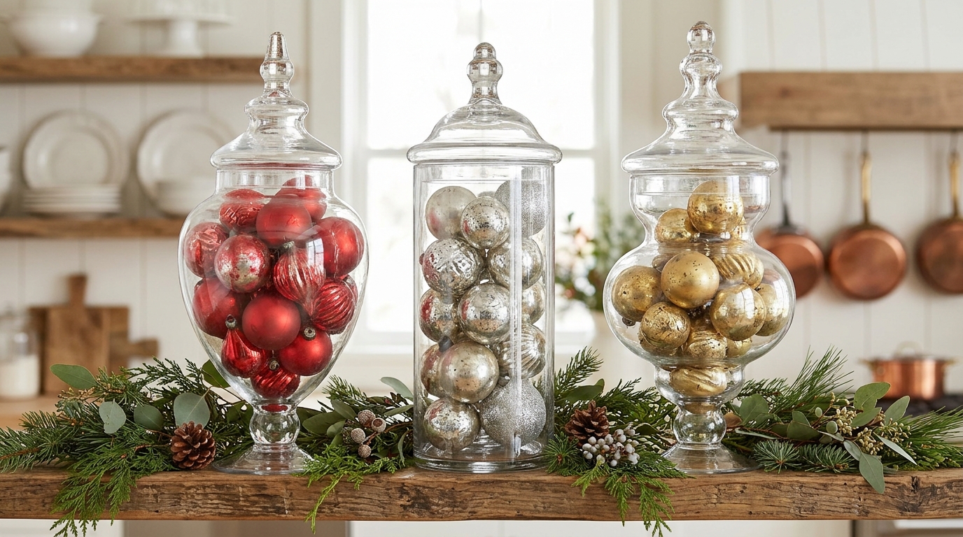 Three glass apothecary jars filled with red, silver and gold vintage glass ornaments on a kitchen shelf