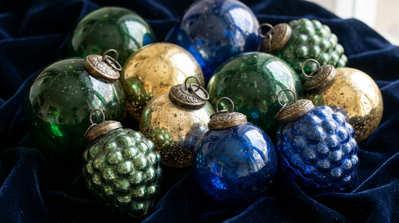 Heavy kugel style glass ornaments in deep green, gold and cobalt blue with ornate brass caps on velvet