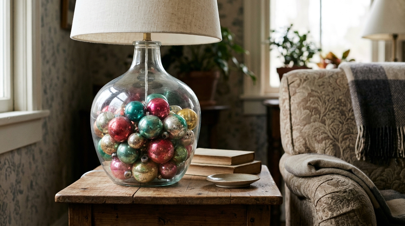 Clear fillable glass lamp base full of colorful vintage glass ornaments with a cream shade beside an armchair