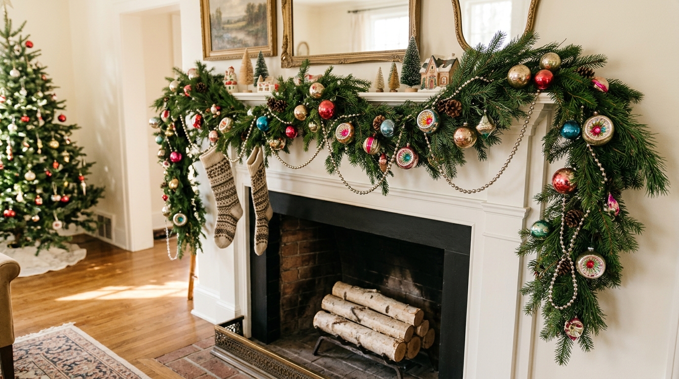 Vintage Christmas ornaments and silver bead garland woven into an evergreen garland on a white mantel