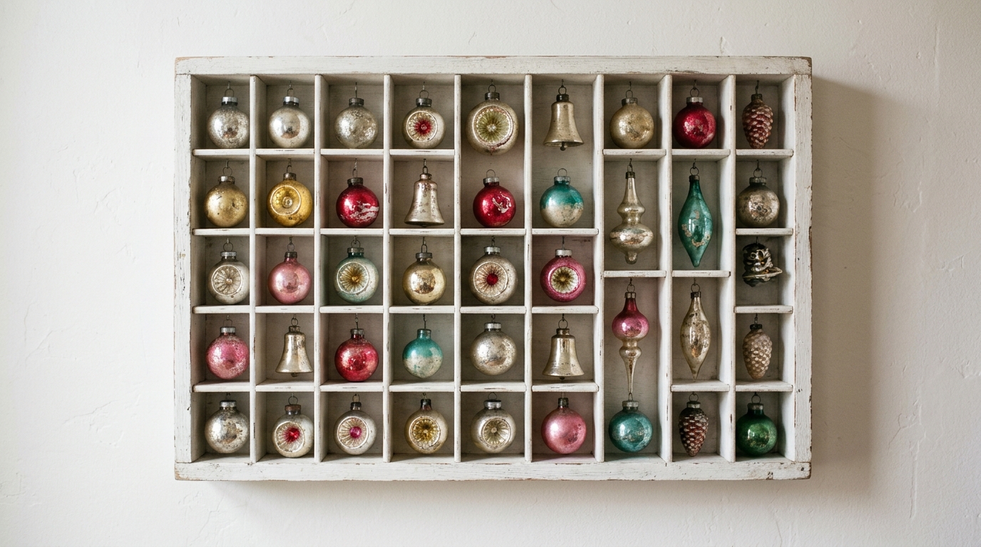 White wooden shadow box with small compartments each holding one heirloom vintage glass ornament