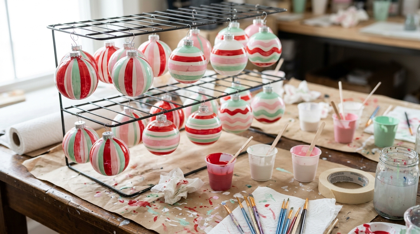 Vintage Christmas ornaments recreated with hand painted retro stripes in red, white, pink and mint drying on a rack