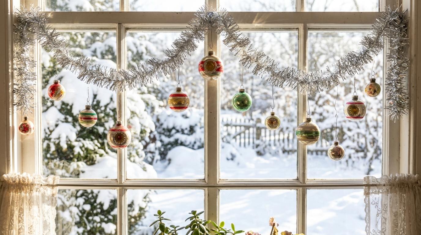 Vintage Christmas ornaments and old fashioned silver tinsel garland draped across the top of a sunny window