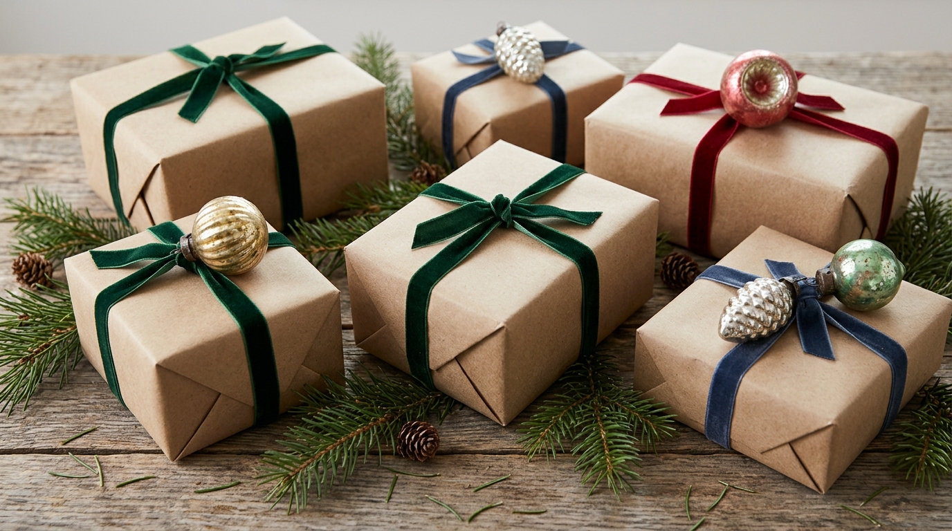 Kraft paper wrapped gifts tied with velvet ribbon, each topped with one vintage glass ornament
