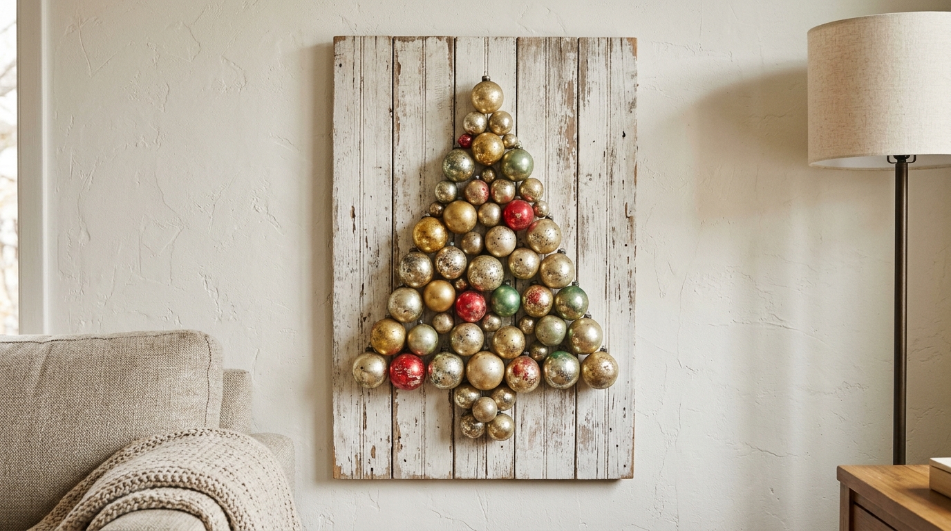 Vintage Christmas ornaments in faded green, gold and red arranged in a tree shape on a whitewashed wooden board