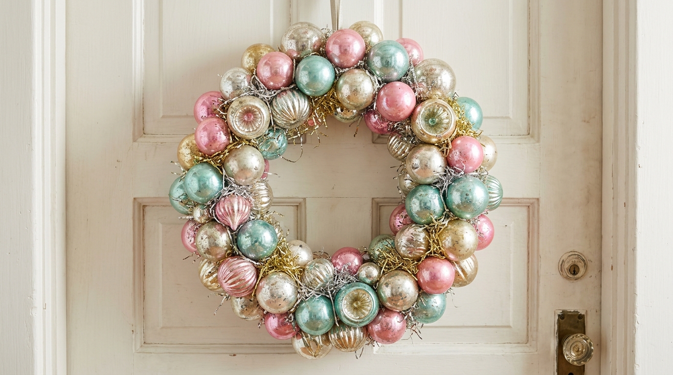 Vintage Christmas ornaments in pastel pink, aqua, silver and gold made into a full wreath on a white door