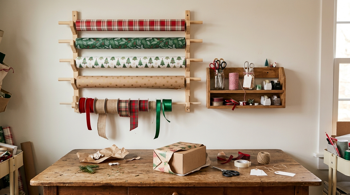 Wall-mounted wrapping paper station with rolls on dowels and ribbon spools