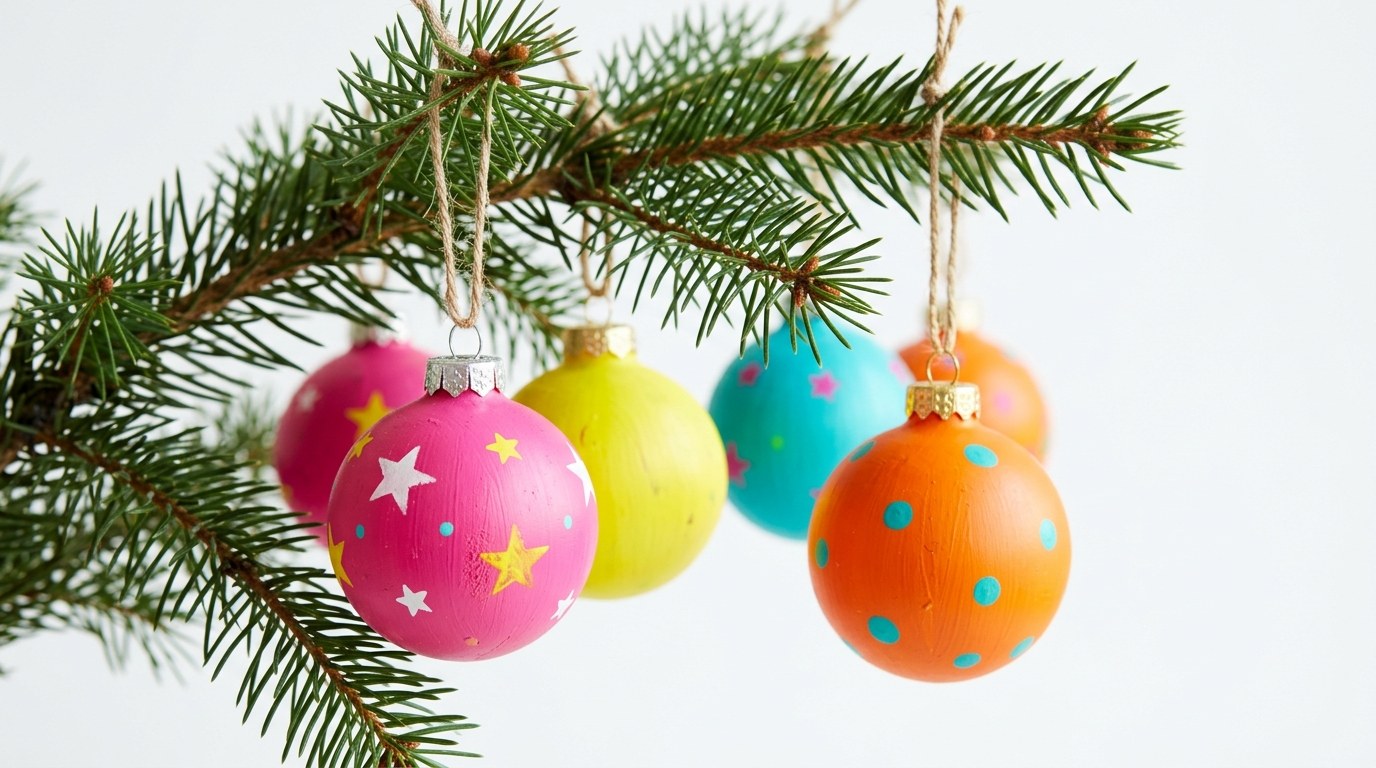 Handmade ball ornaments painted hot pink, yellow, turquoise and orange with stenciled stars and dots hanging on a pine branch