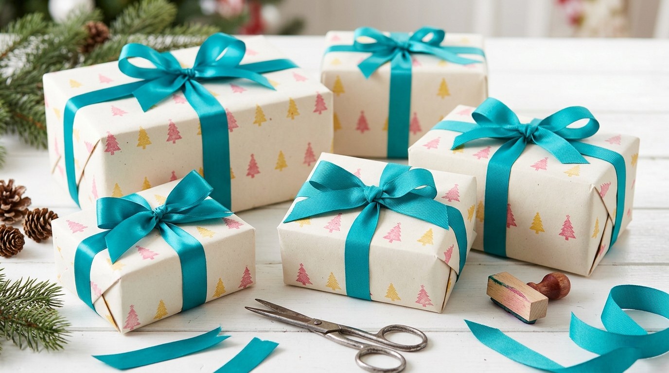 Andy Warhol Christmas gift wrap stamped with rows of little pink and yellow trees and tied with turquoise ribbon
