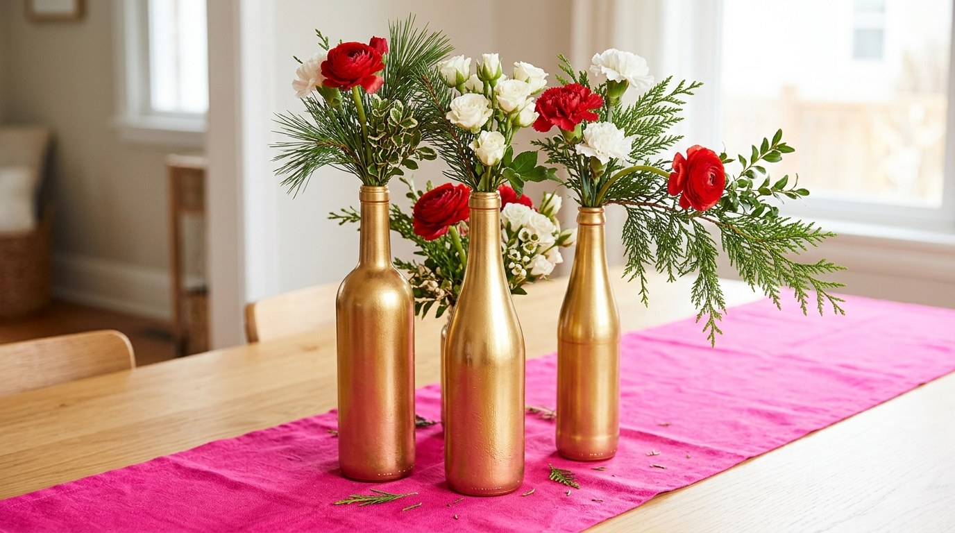 Three glass bottles painted shiny gold holding red and white flowers and evergreen sprigs on a pink table runner