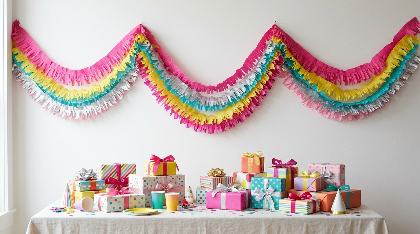 Fringed crepe paper garland in hot pink, yellow, turquoise and silver draped across a white wall above a gift table