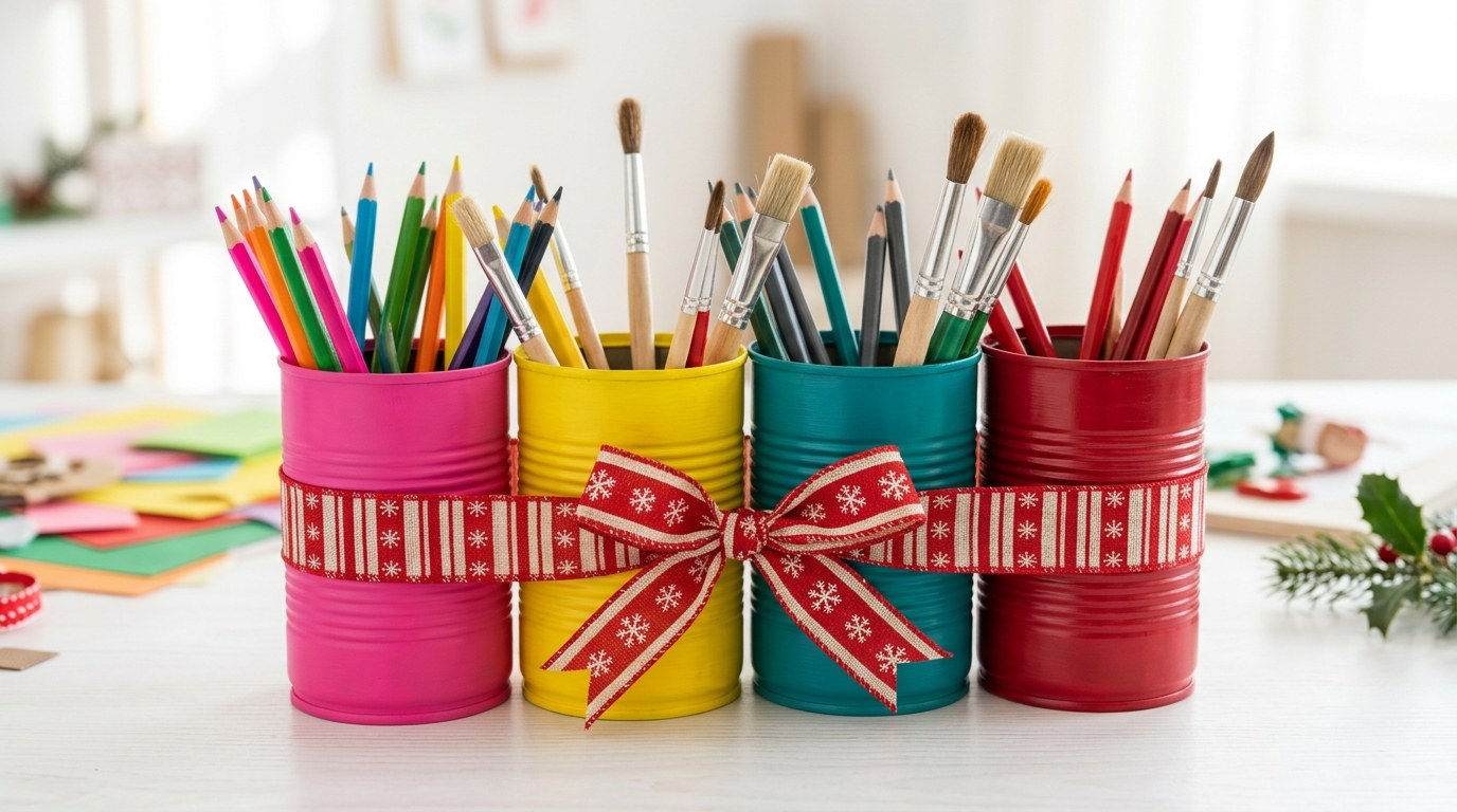 Andy Warhol Christmas gift of four painted tin cans in pink, yellow, teal and red filled with pencils and paintbrushes and tied with ribbon