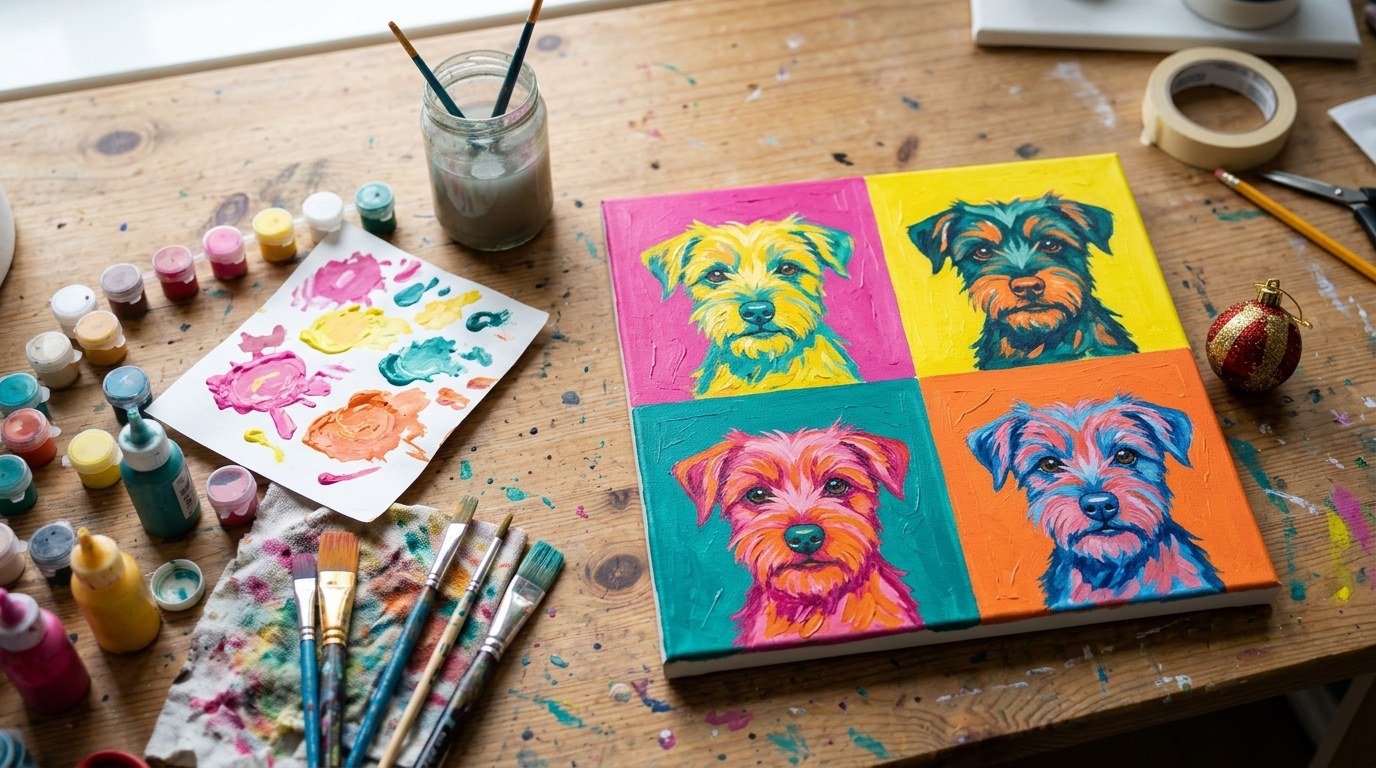 Handmade canvas showing the same small dog painted four times in bold pink, yellow, teal and orange squares next to paint pots