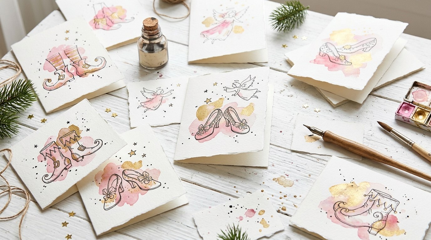 Handmade greeting cards with blotted ink drawings of shoes and angels filled with pink and gold watercolor on a white table