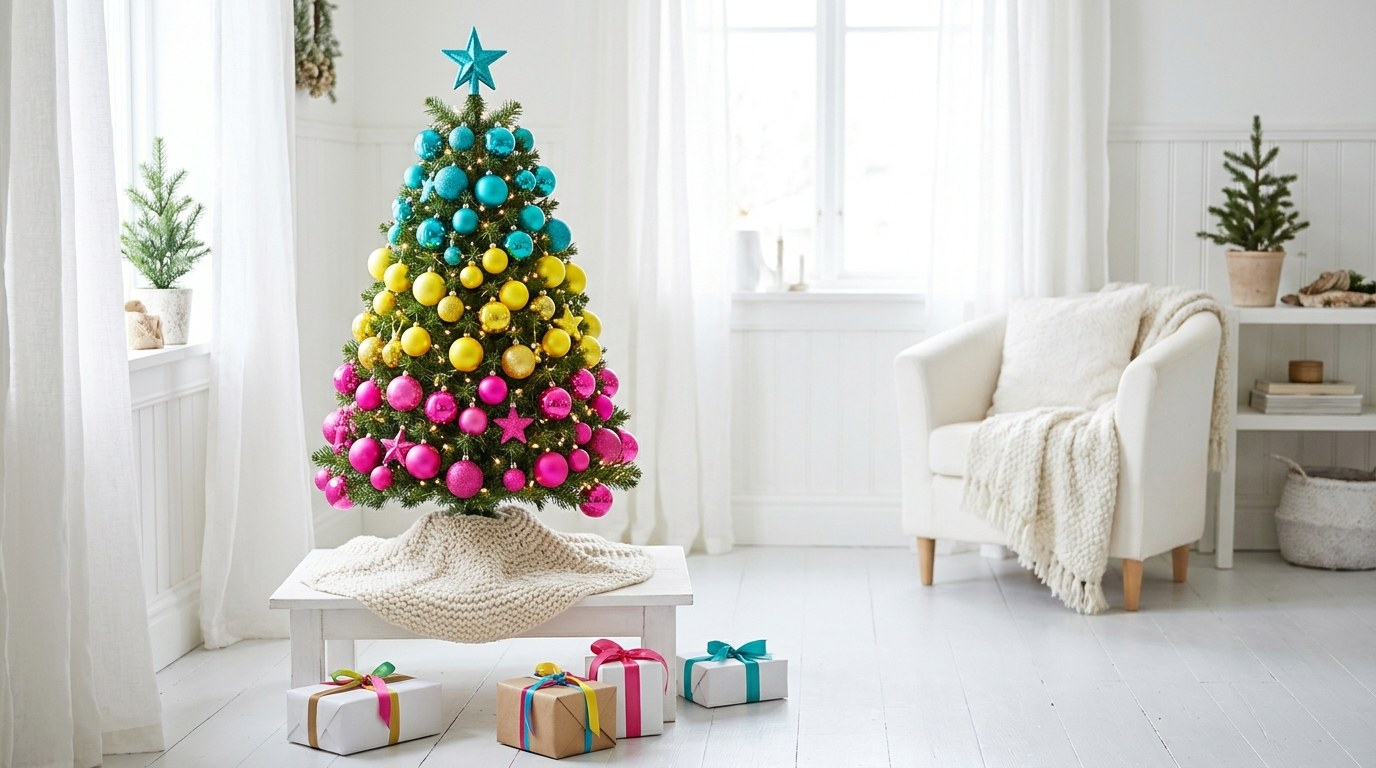 Small Christmas tree decorated in color blocks of pink ornaments at the bottom, yellow in the middle and turquoise at the top