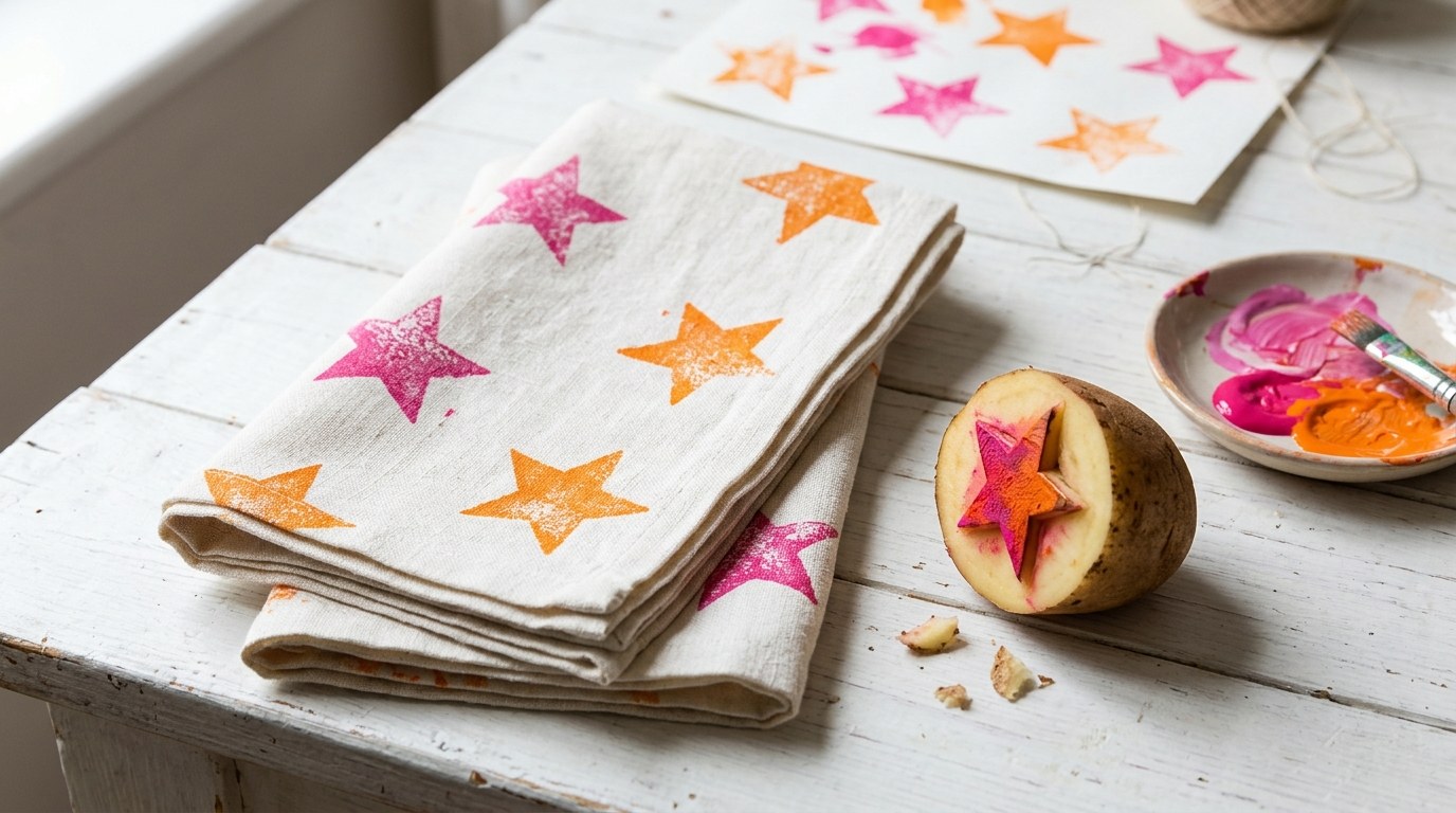 Andy Warhol Christmas cloth napkins stamped with pink and orange stars next to a carved potato stamp and fabric paint