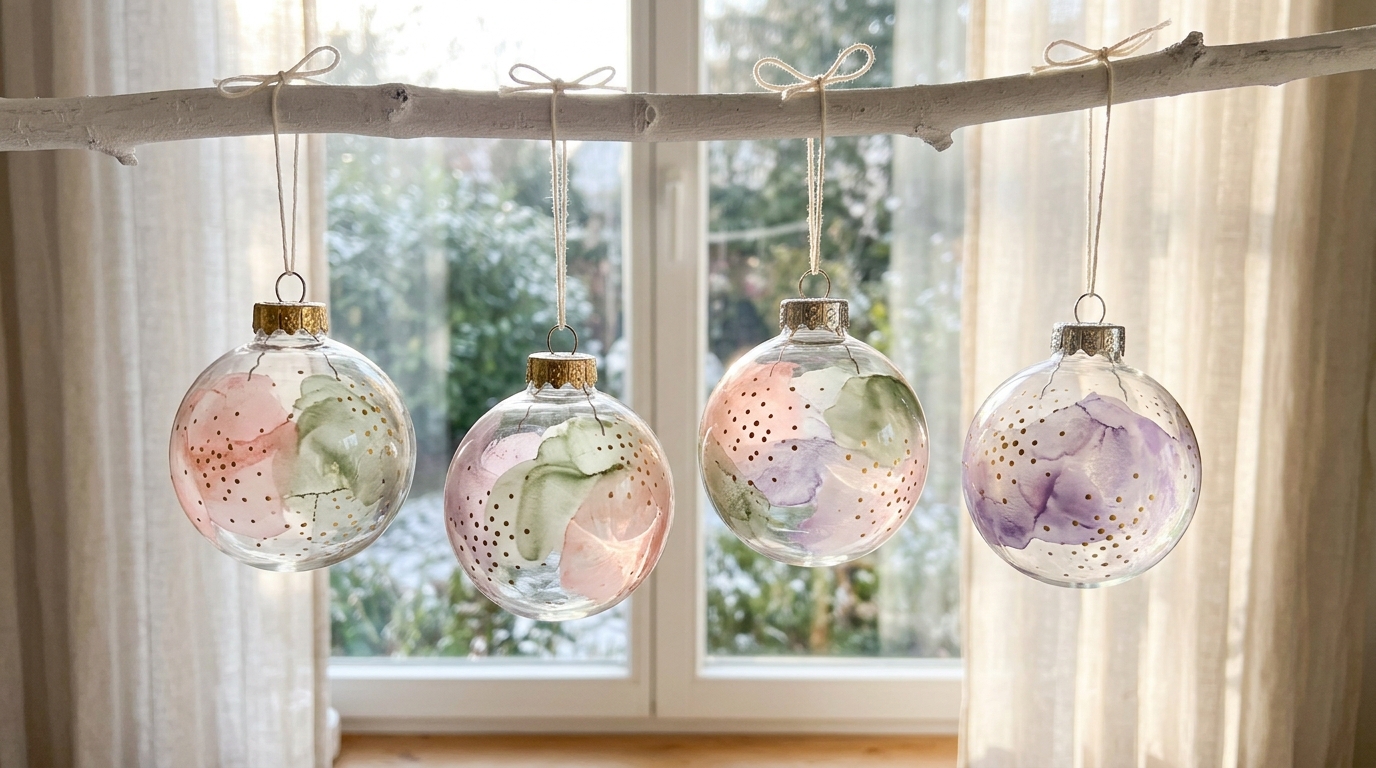 Hand painted ornaments with soft watercolor washes in blush, sage and lavender