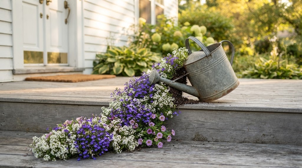 Tipped watering can with purple and white flowers spilling down a porch step