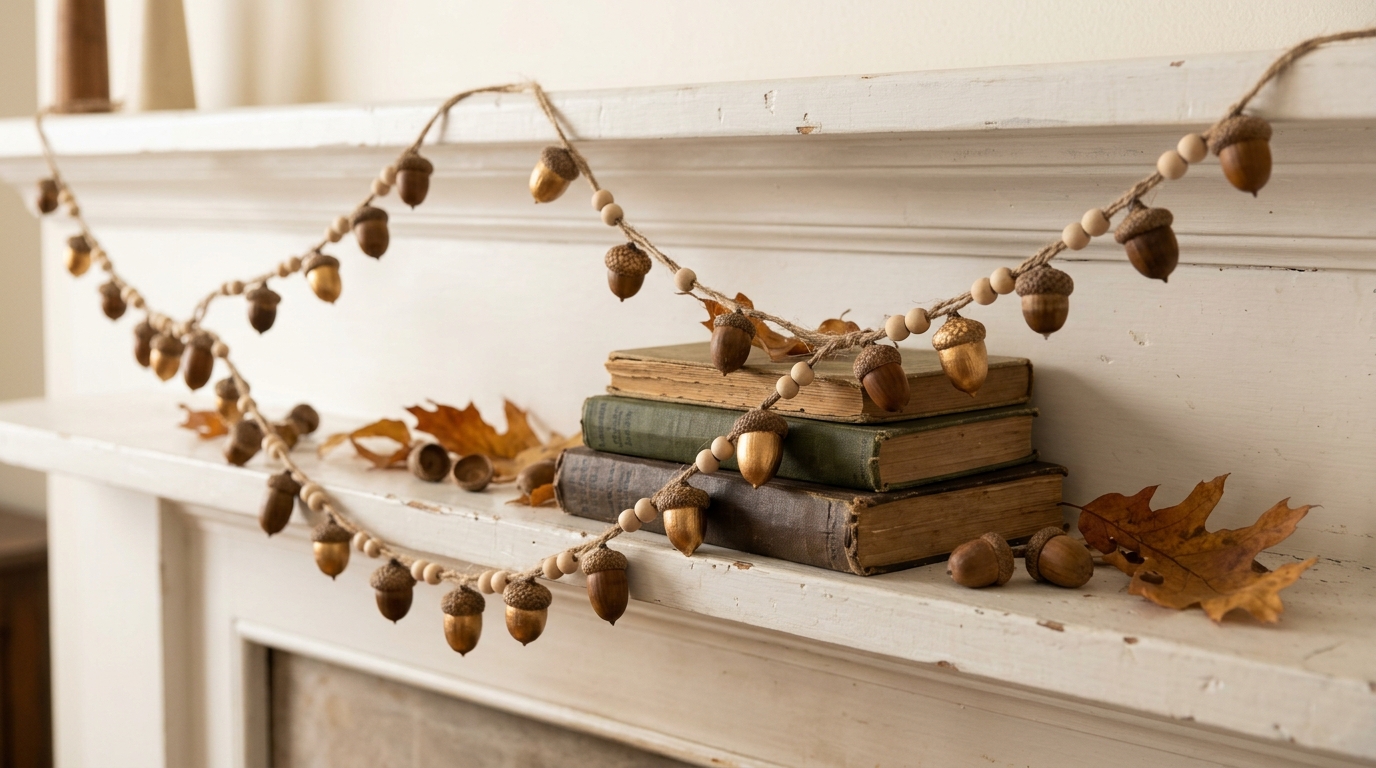 Acorn cap garland draped over a white mantel and a stack of old books