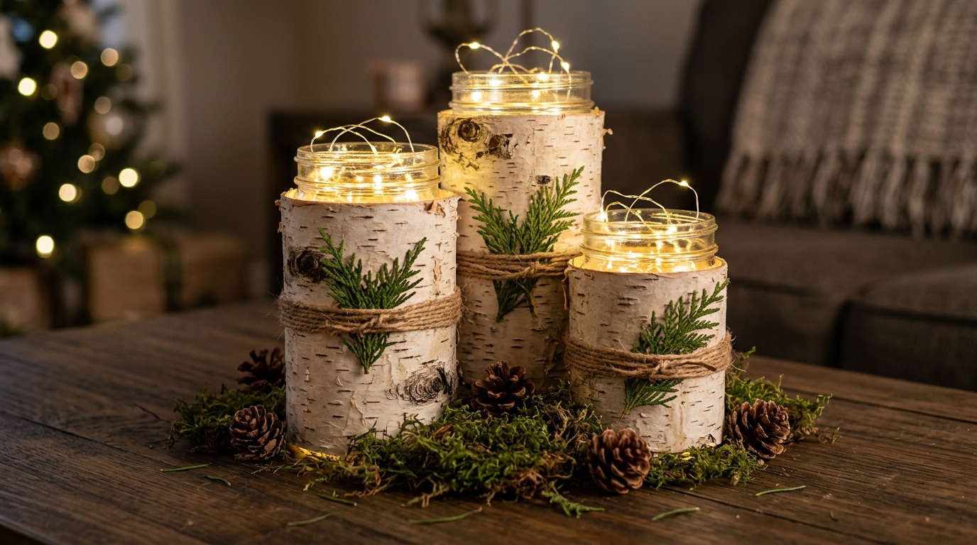 Glass jars wrapped in birch bark and twine filled with battery fairy lights