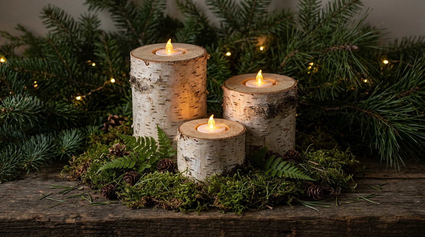 Birch log holders with battery LED tea lights on a bed of moss and ferns