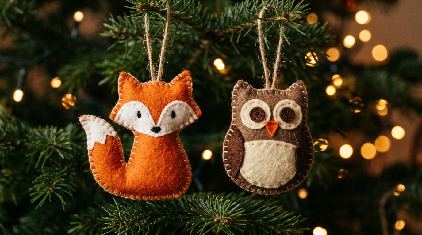 Handmade felt fox and owl ornaments hanging on a Christmas tree branch