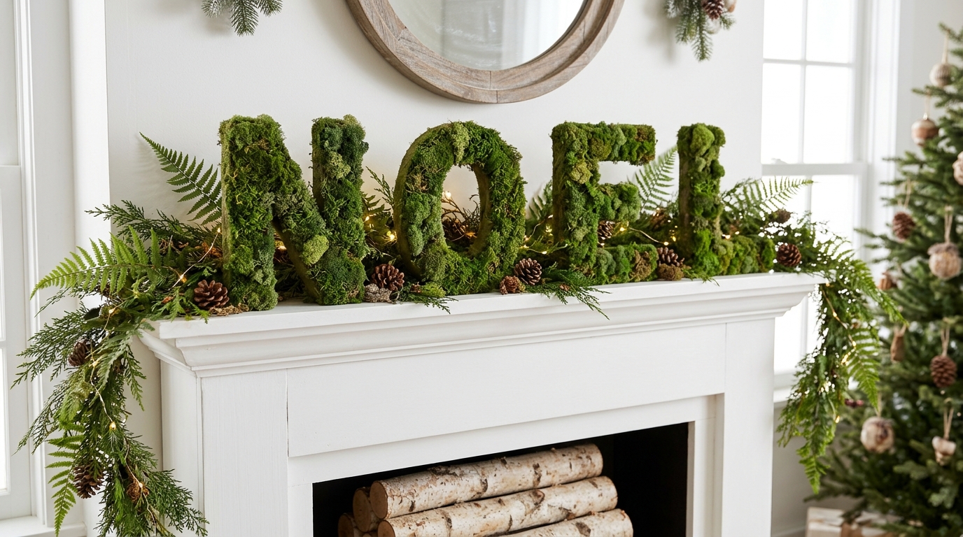 Woodland Christmas decor idea: moss covered NOEL letters on a white mantel with ferns