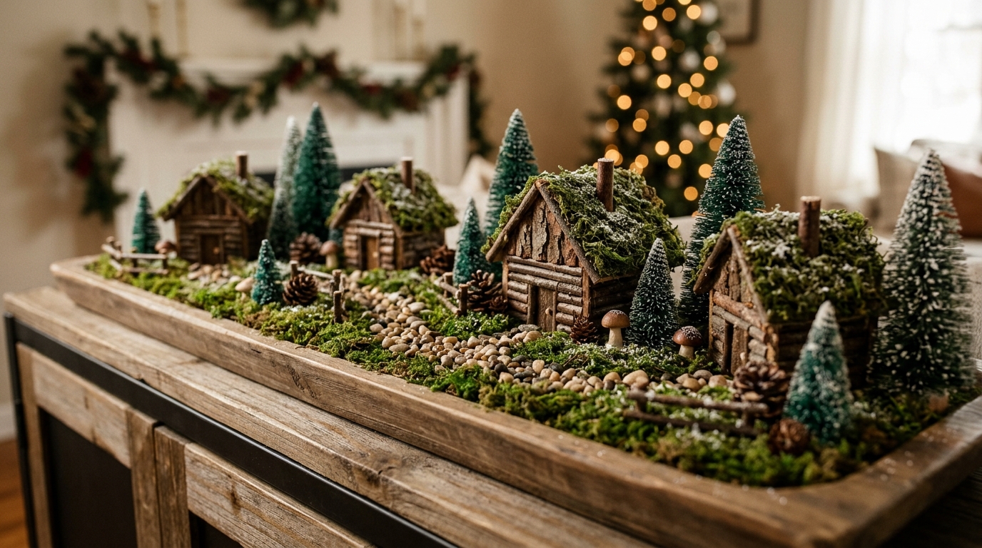 Tiny twig and bark cabins on a moss covered tray, a sweet woodland Christmas decor village