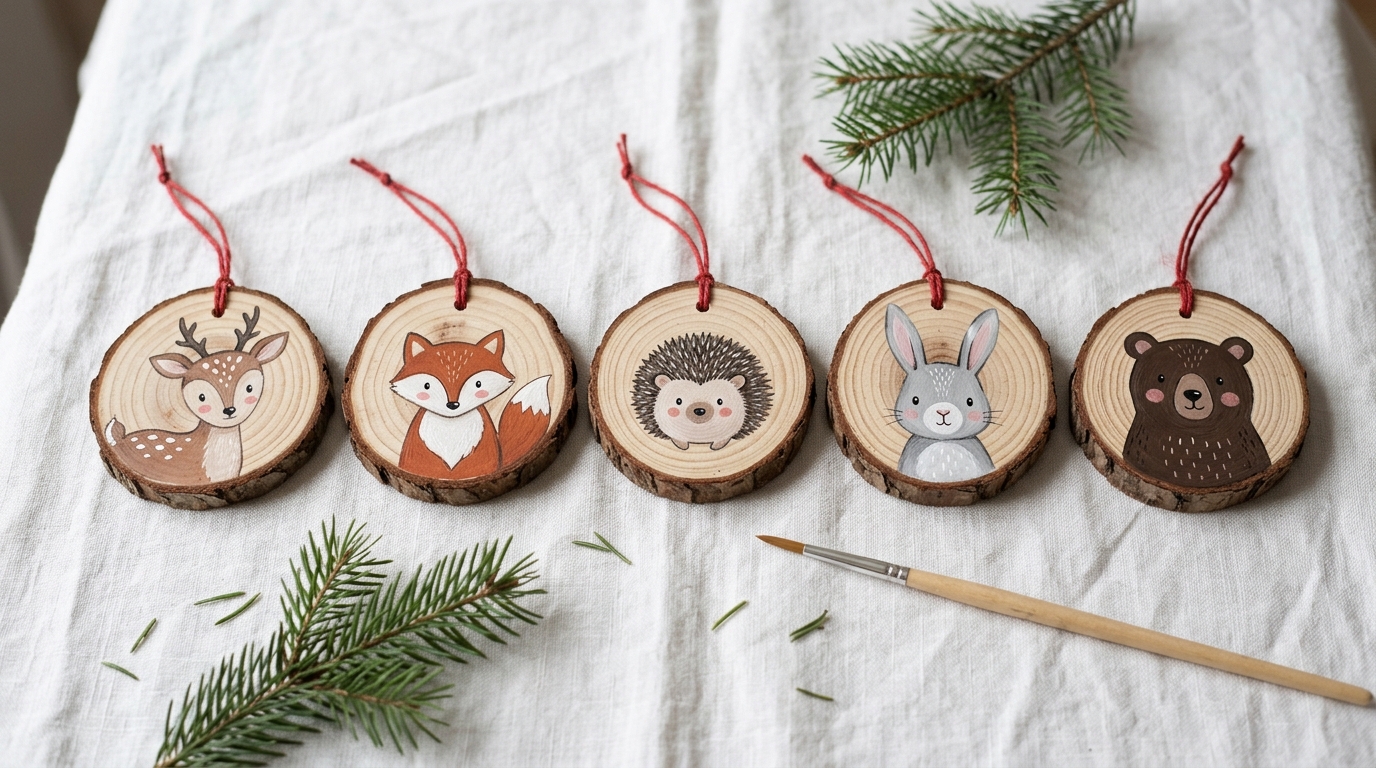 Wood slice ornaments painted with a deer, fox, hedgehog, rabbit and bear