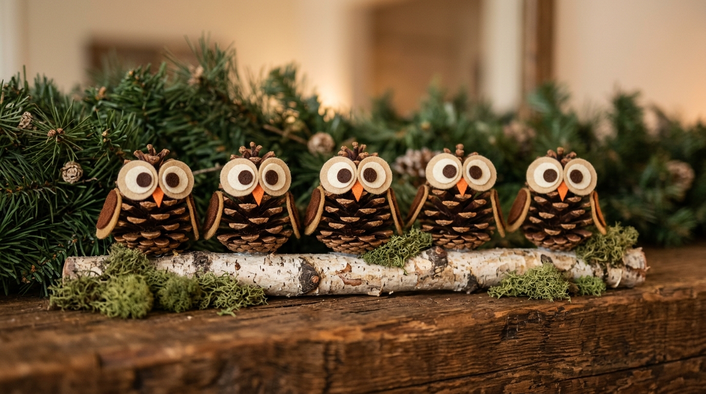 Five pinecone owls with felt eyes lined up on a birch branch on the mantel