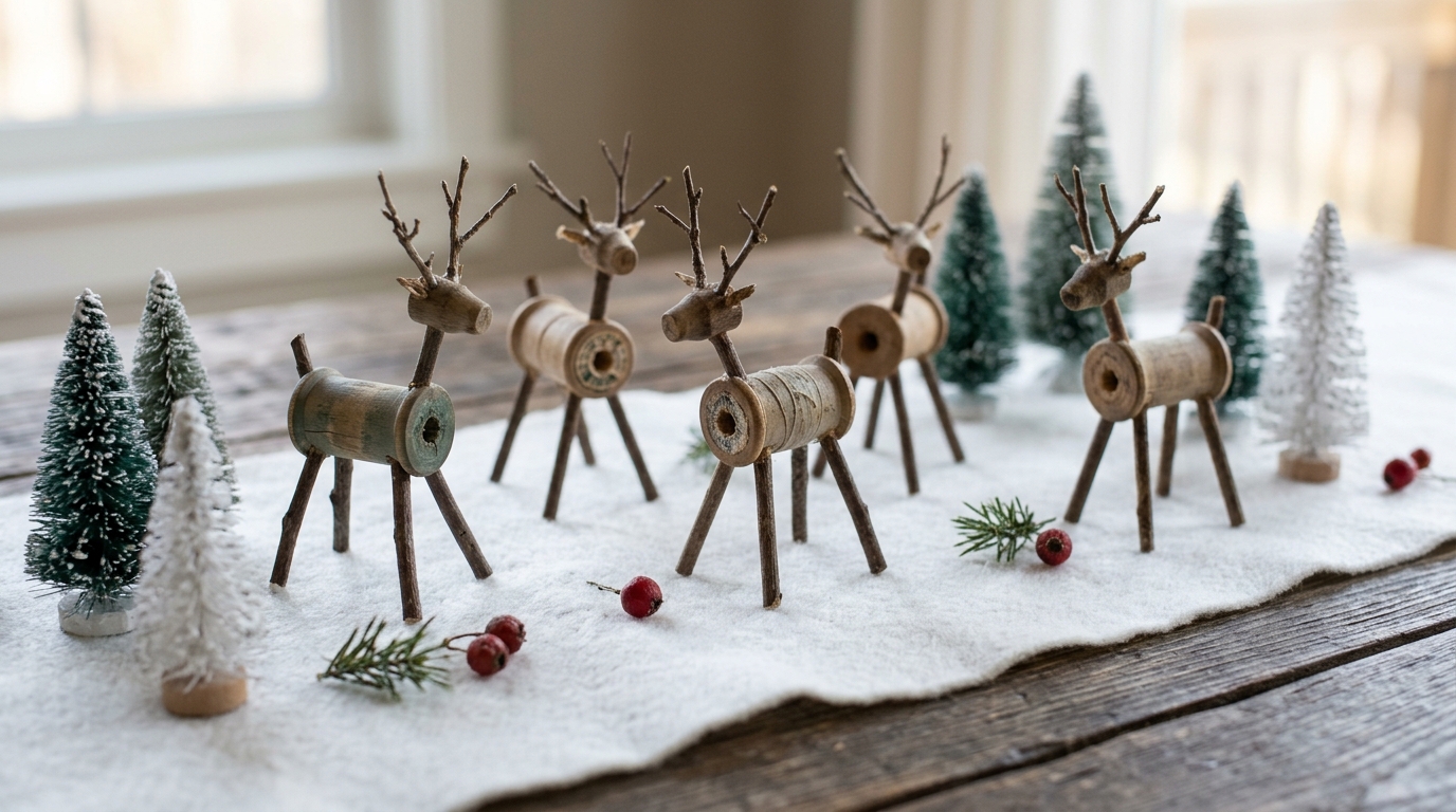 Woodland Christmas decor made from thread spools and twigs shaped into a small herd of deer