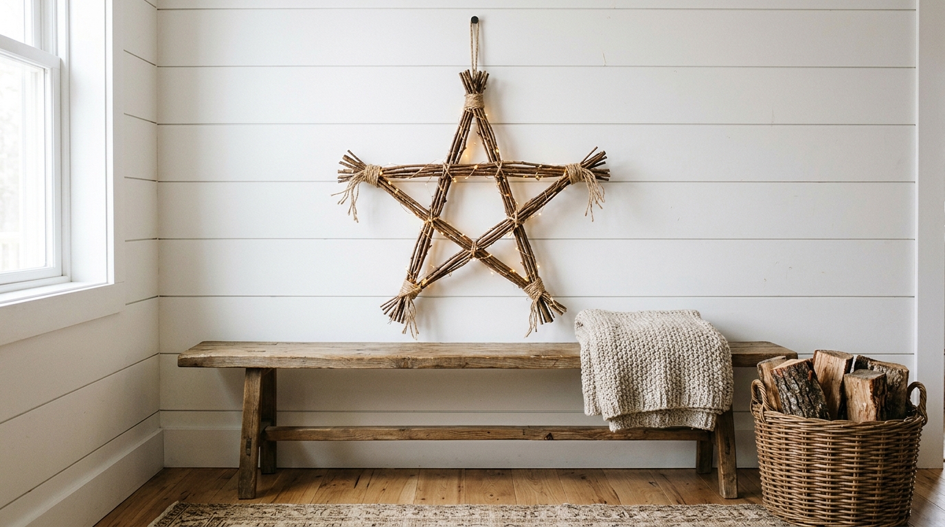 Large twig star tied with jute hanging on a white shiplap wall above a bench