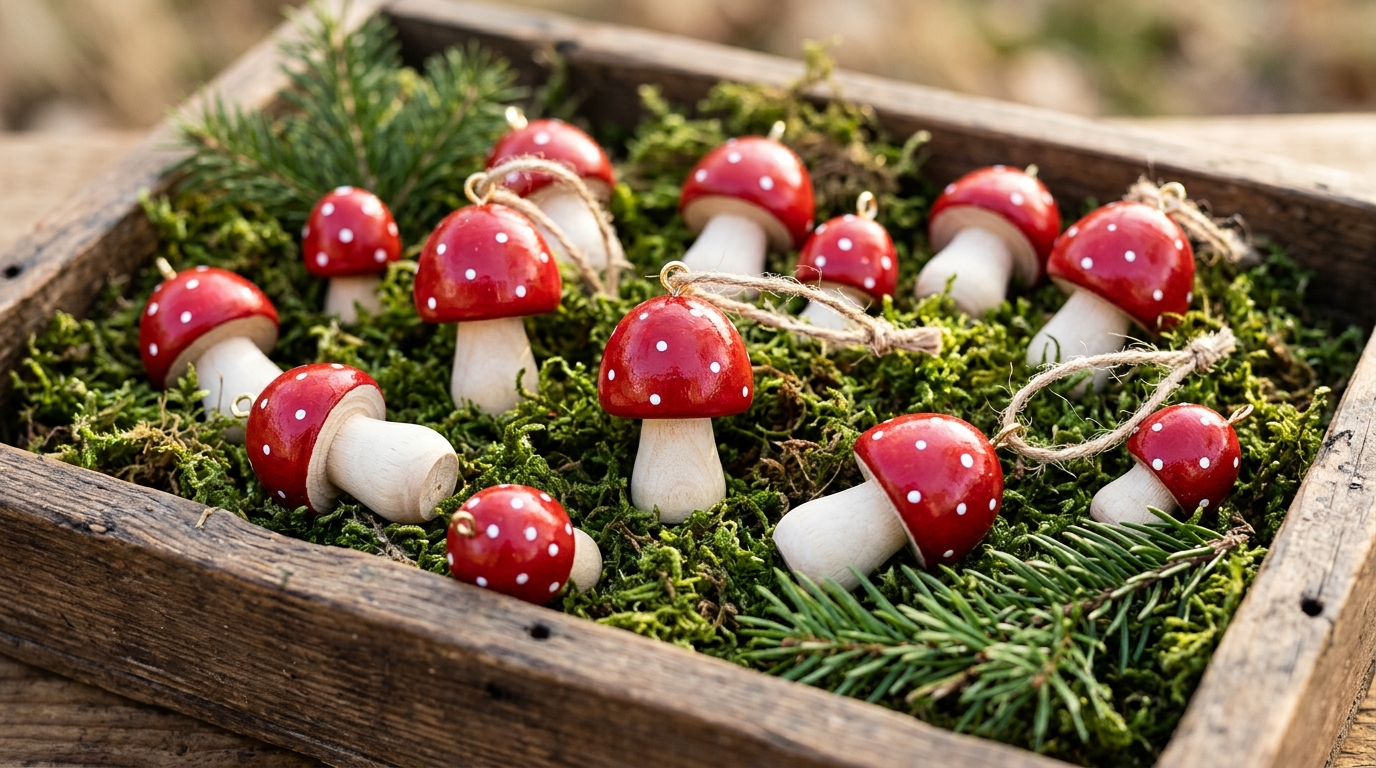 Woodland Christmas decor with red and white wooden egg mushroom ornaments in a moss filled tray