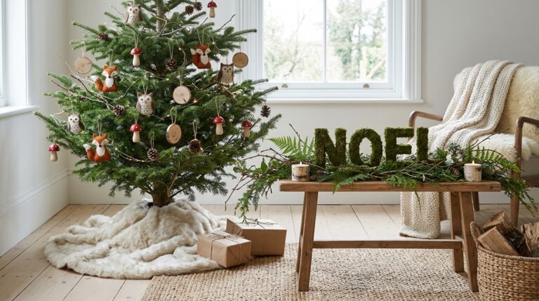 Woodland Christmas decor in a bright living room with a tree of felt animals and mushroom ornaments and a moss NOEL sign