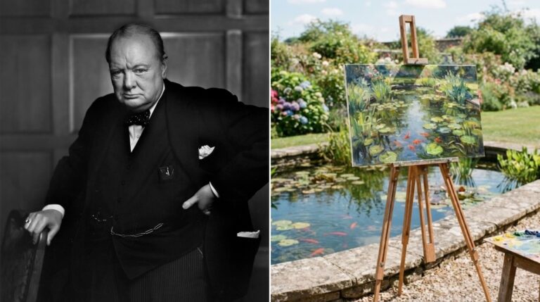 Winston Churchill painting: portrait of Churchill beside an easel with a goldfish pond painting in a garden