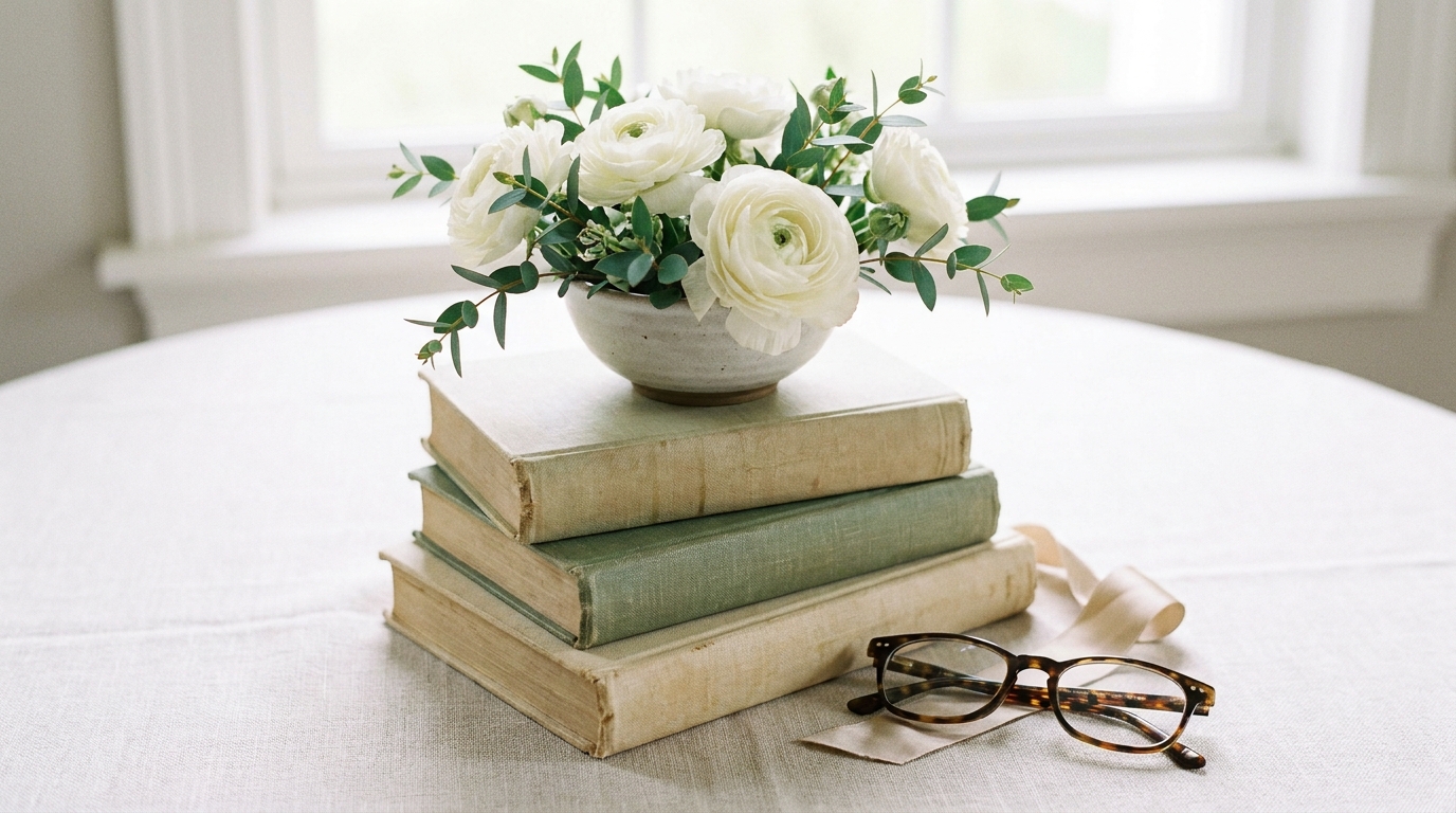 A stack of vintage books topped with a bowl of white ranunculus and greenery