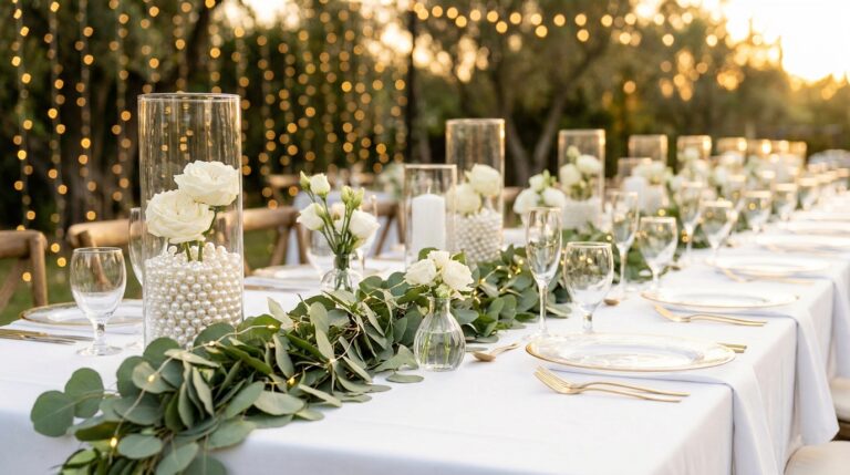 Wedding centerpieces: pearl filled cylinder vases with white roses and a eucalyptus runner on a long reception table at golden hour