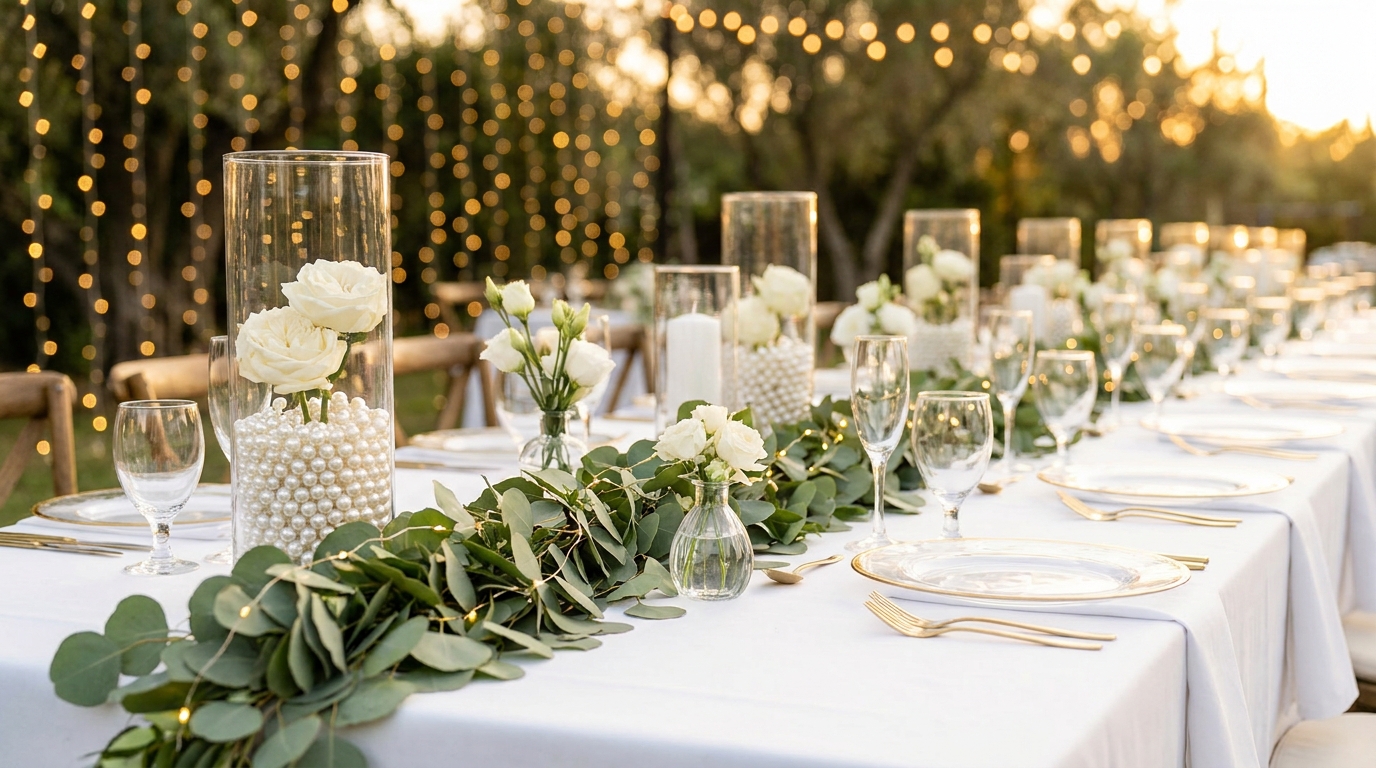 Wedding centerpieces: pearl filled cylinder vases with white roses and a eucalyptus runner on a long reception table at golden hour
