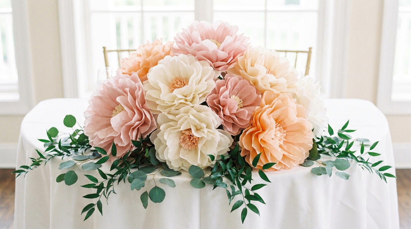 Giant blush, ivory and peach tissue paper flowers on a sweetheart table