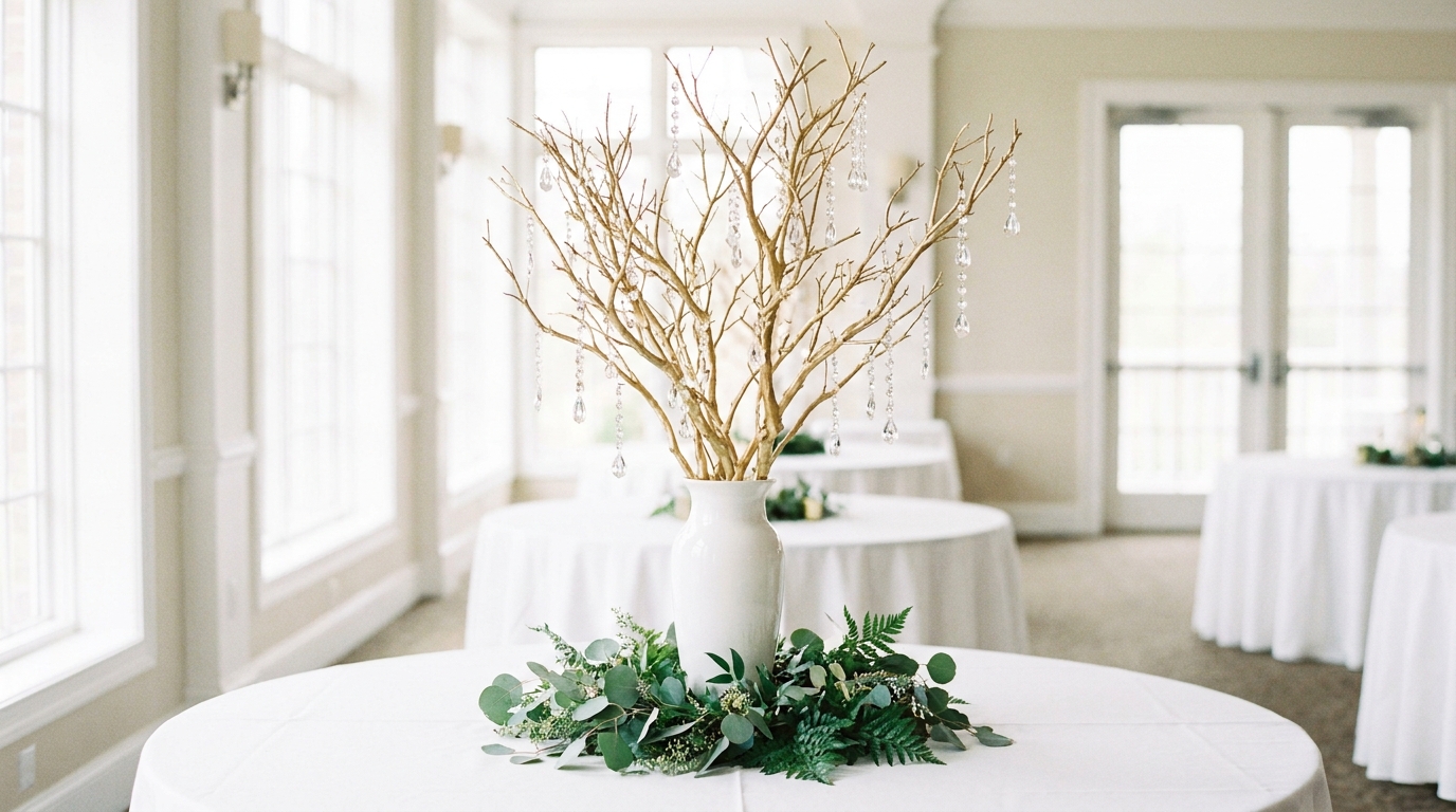 Gold painted branches hung with crystals in a white vase on a reception table