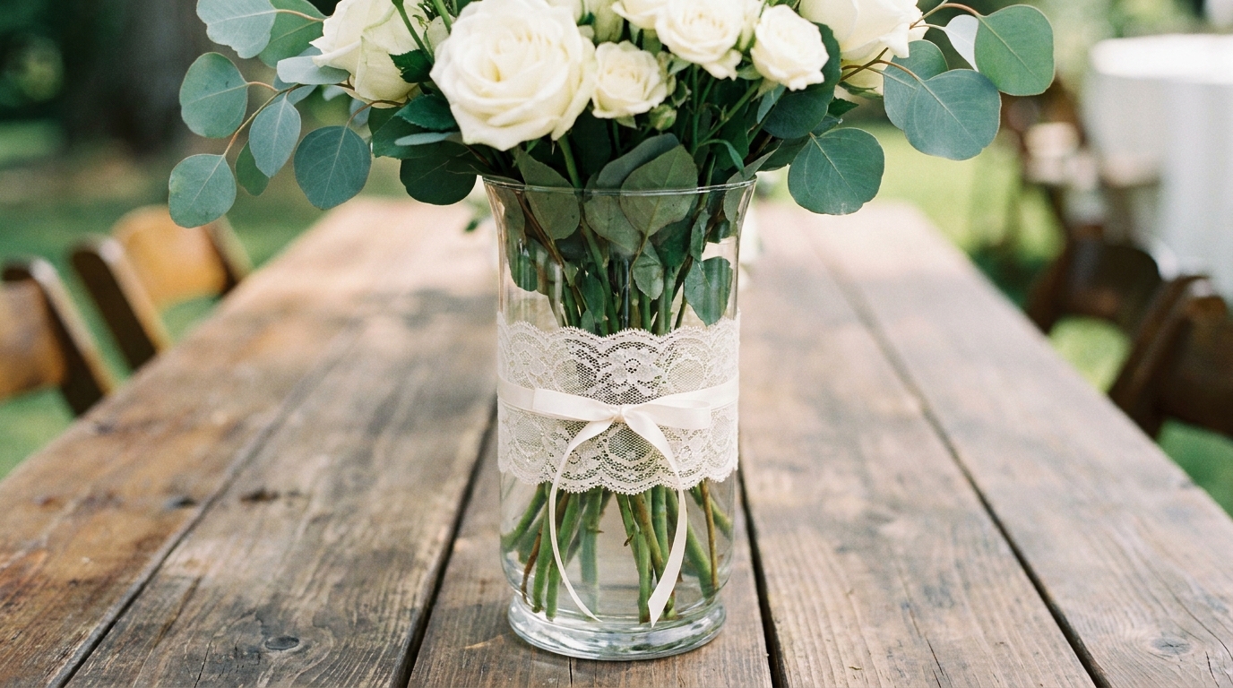 A glass hurricane vase wrapped in ivory lace holding white roses and eucalyptus