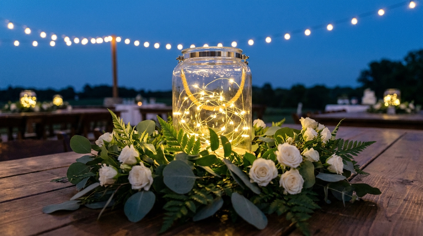 A glass lantern filled with warm battery fairy lights inside a ring of greenery and white roses