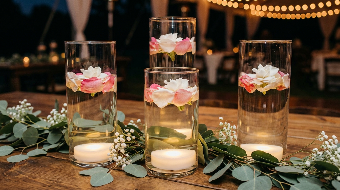 Three glass cylinder vases lit by waterproof LED discs with roses floating on top
