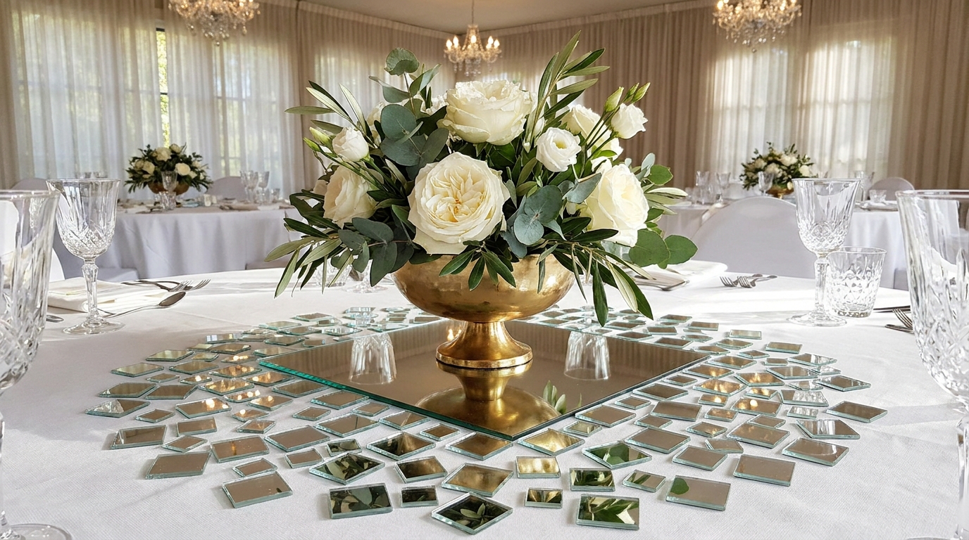 A gold footed bowl of white roses on a mirror tile base reflecting the flowers