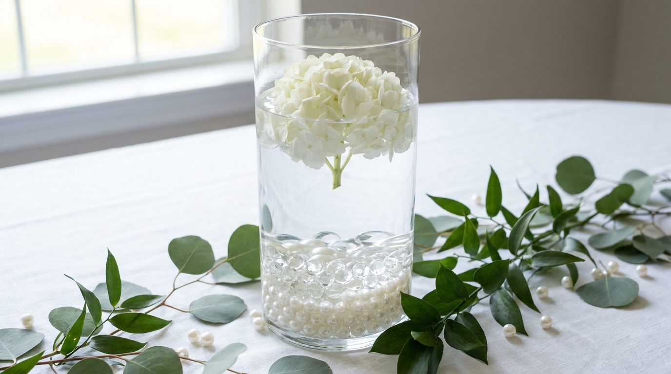 A glass cylinder vase filled with pearls and water beads topped with a white hydrangea