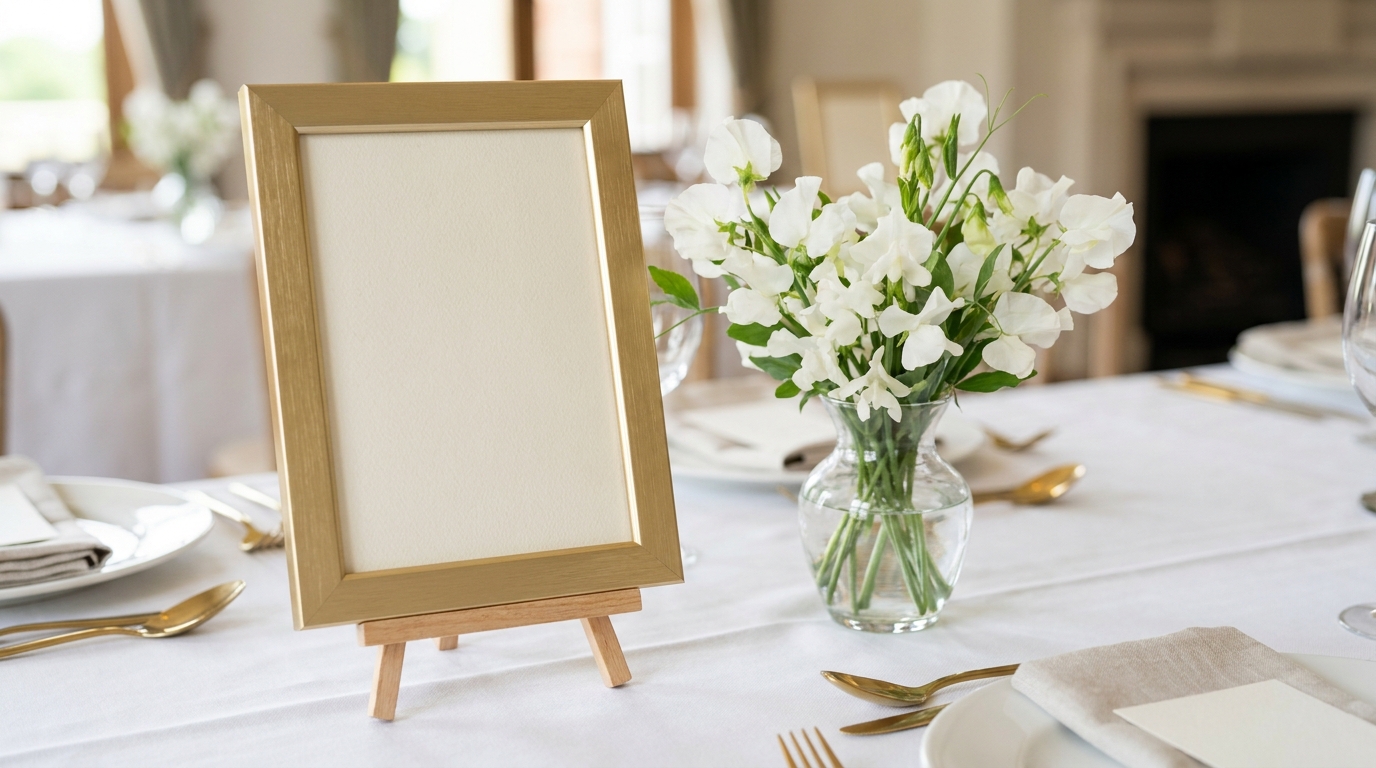 A gold frame on a small easel beside a vase of white sweet peas on a reception table
