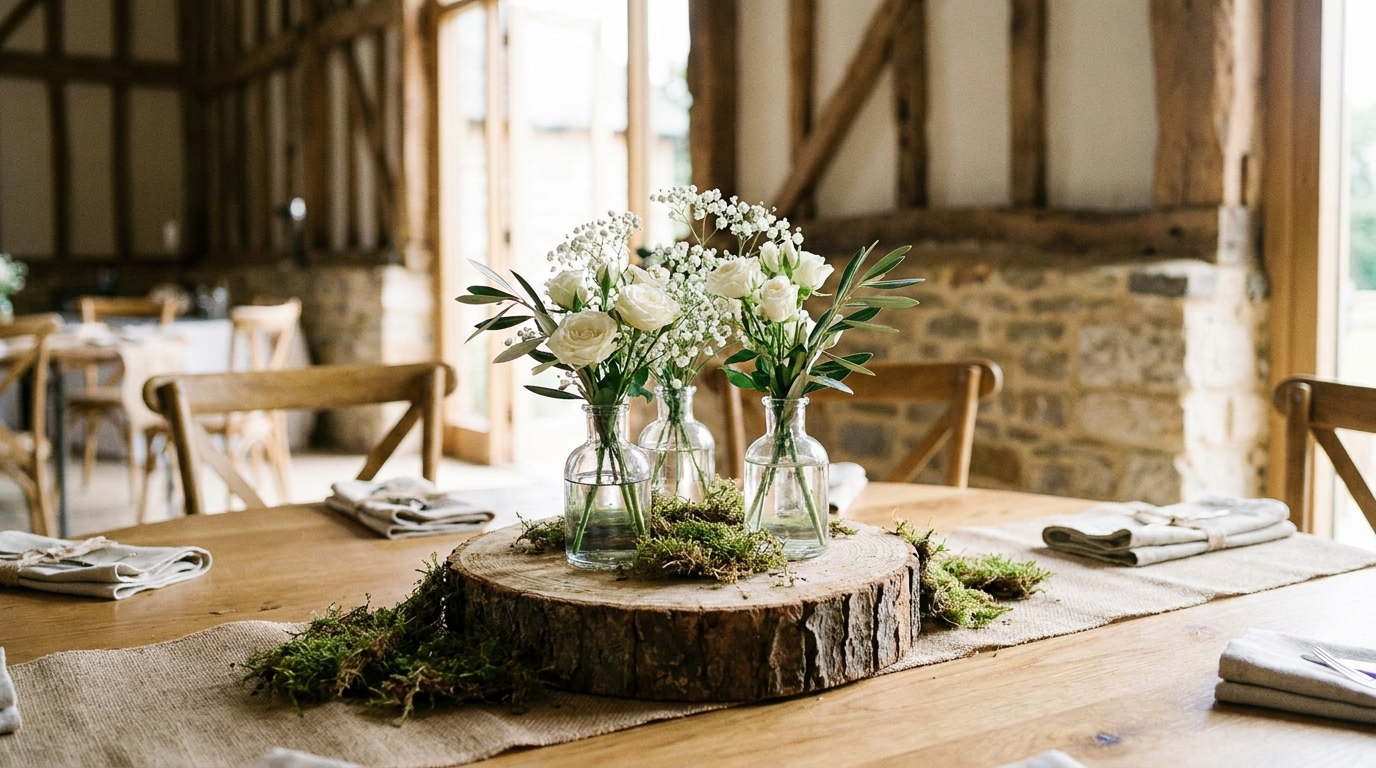 A tree slice round holding three glass bud vases of white roses and baby breath