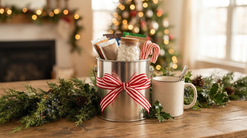 Hot cocoa gift kit packed in a decorated paint can